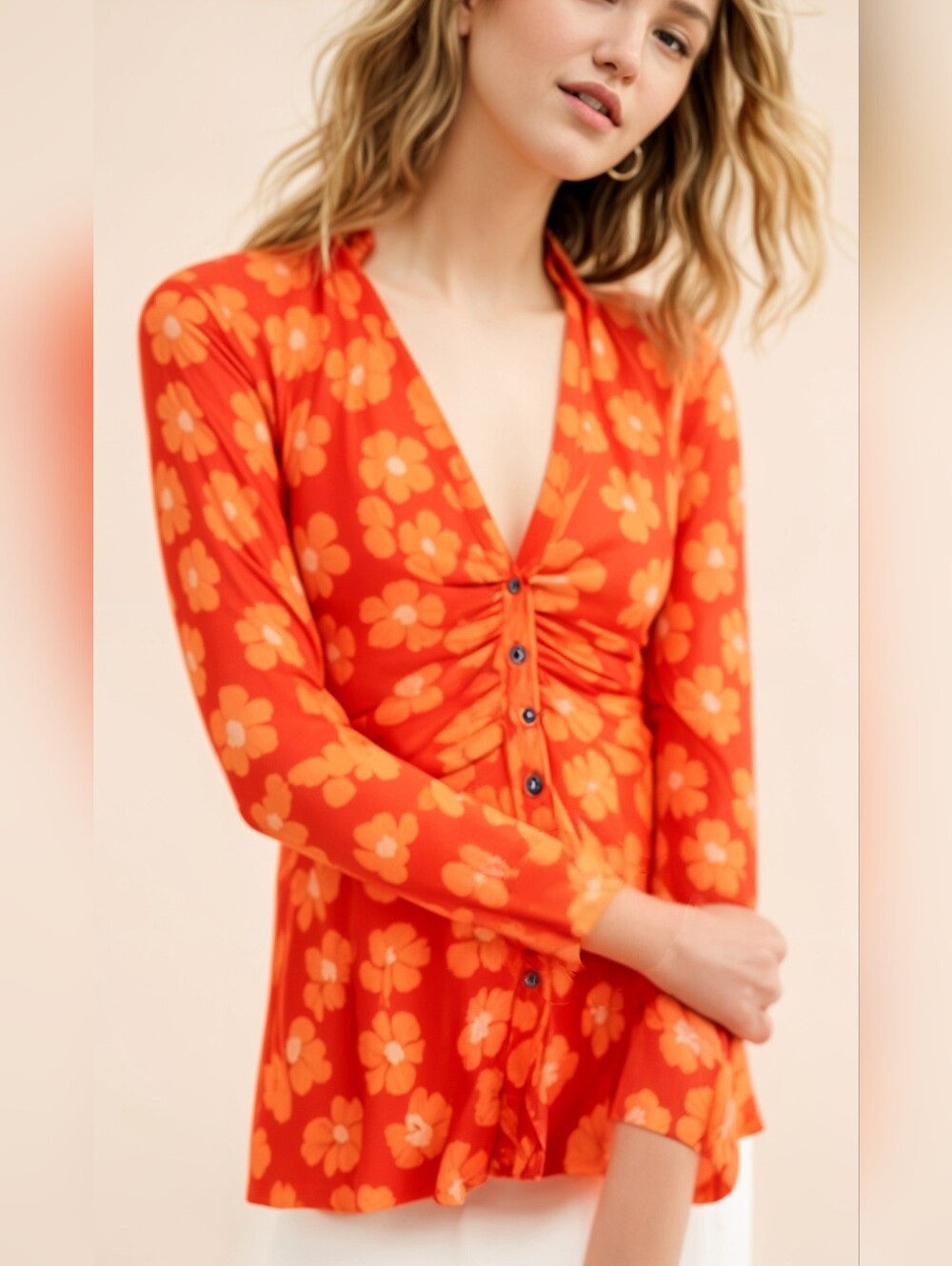 Free People Lucky Shirtee Orange Floral Button-Down Ruched Top